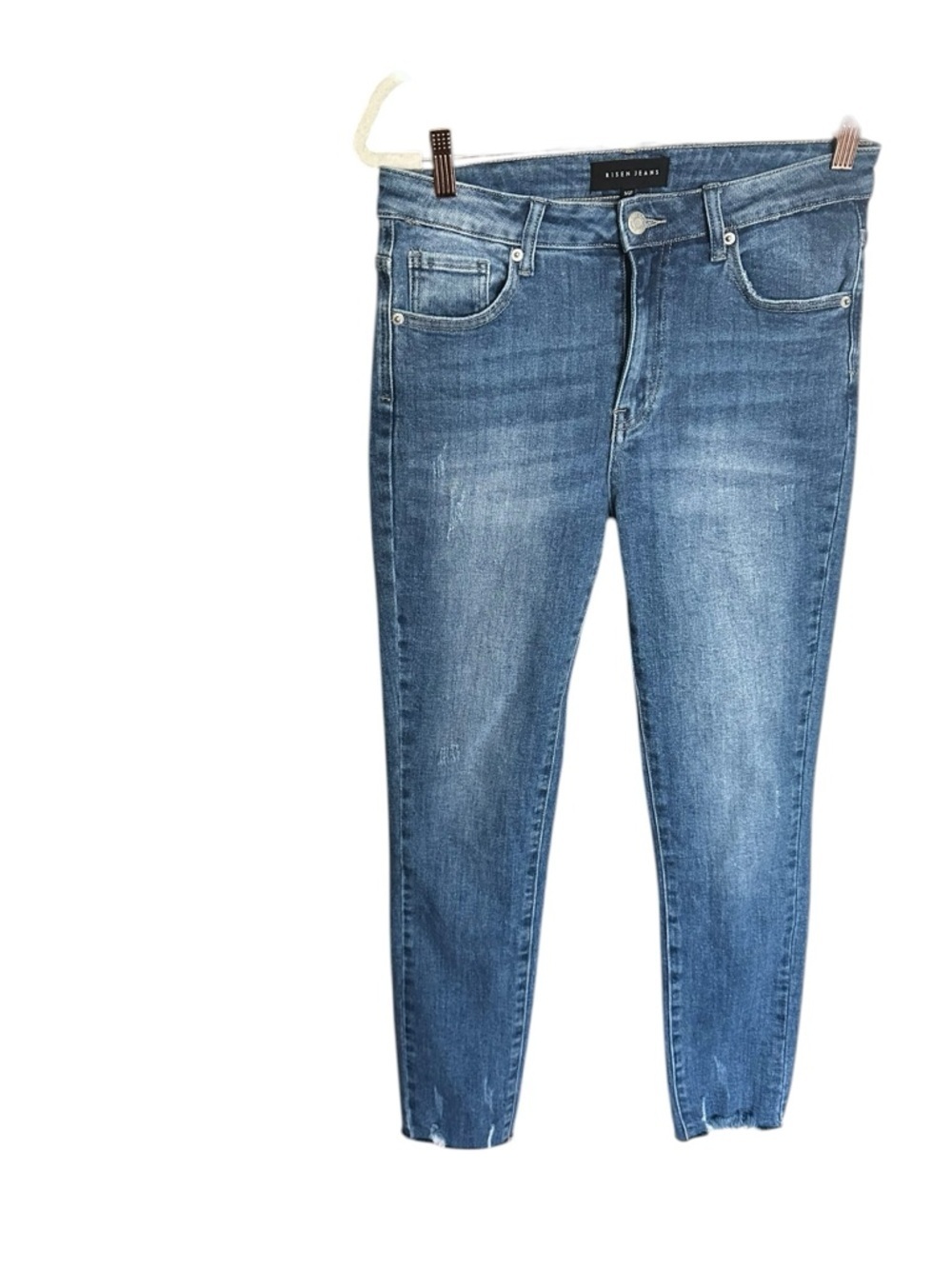 Risen Jeans Women Mid Rise Skinny Medium Wash Stretch Raw Hem Denim